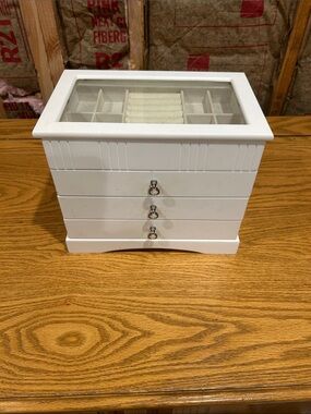 White Wooden Jewelry Box with Glass Top and 3 Drawers